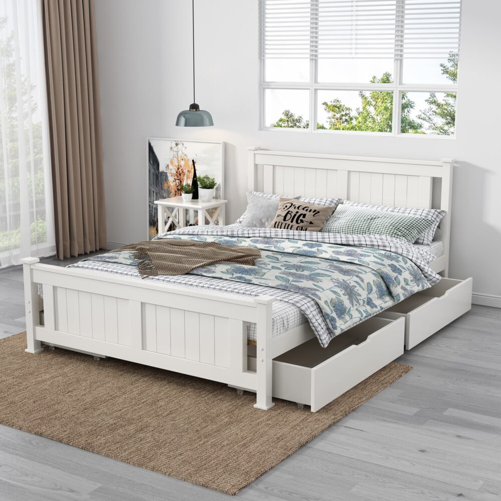 2 x Wooden Bed Frame Storage Trundle Drawers-White - Cosy Abode