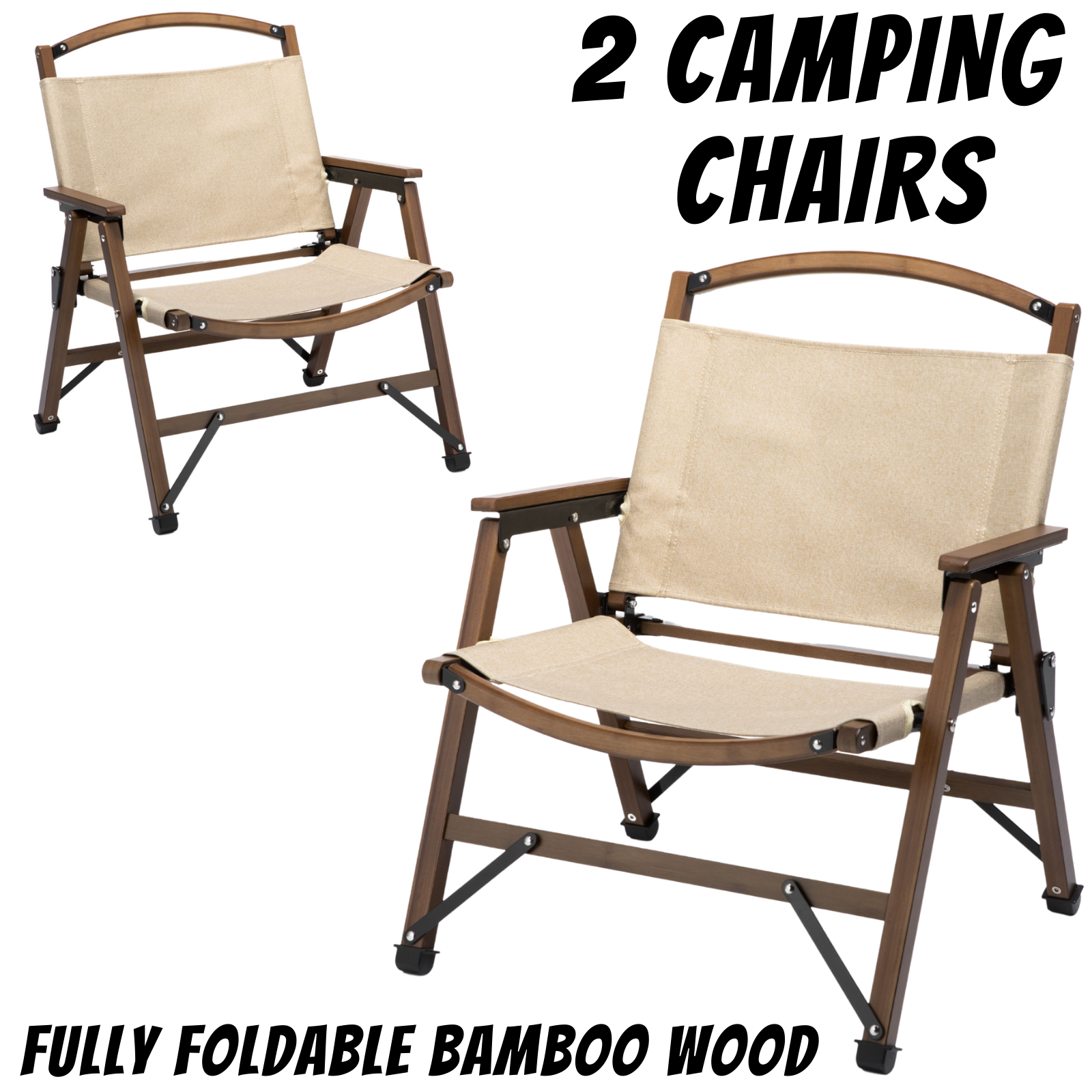 2x Bamboo Foldable Outdoor Camping Chair Wooden Travel Picnic Park Folding - Khaki/Beige - Cosy Abode