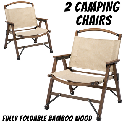 2x Bamboo Foldable Outdoor Camping Chair Wooden Travel Picnic Park Folding - Khaki/Beige - Cosy Abode