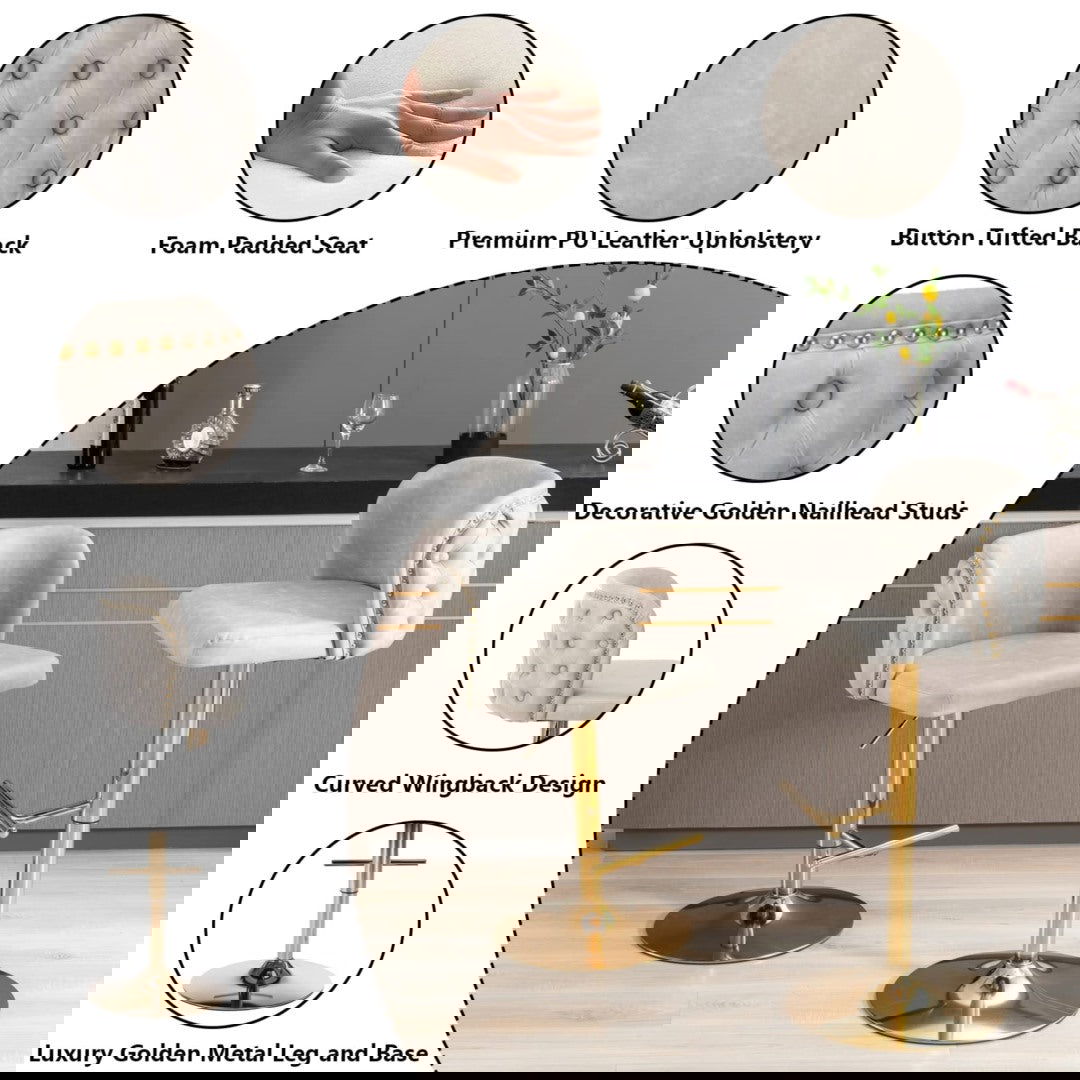 2x Faux Leather Golden Base Swivel Bar Stools- Beige - Cosy Abode