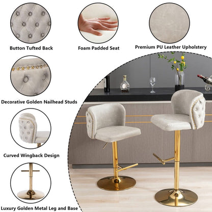 2x Faux Leather Golden Base Swivel Bar Stools- Beige - Cosy Abode