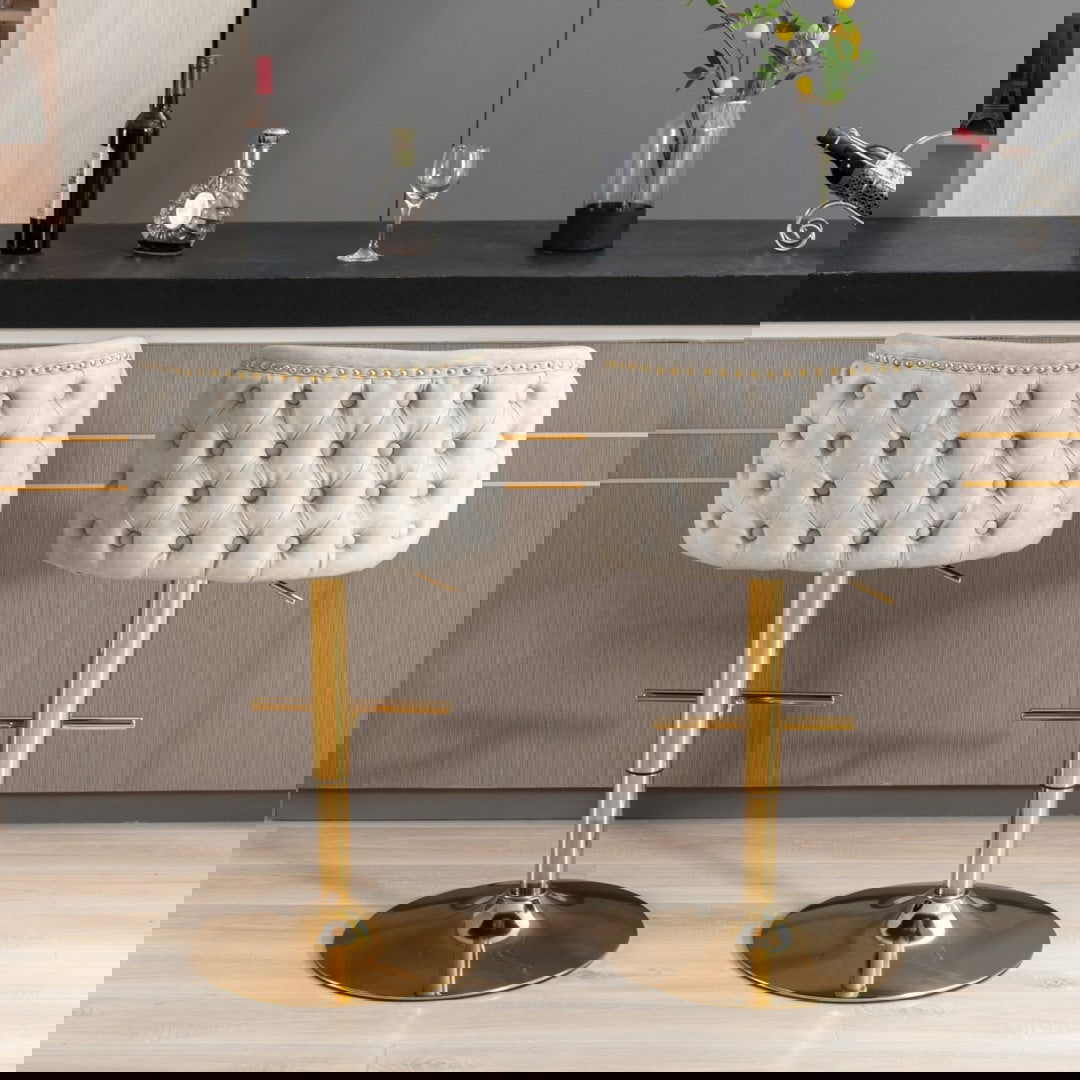 2x Faux Leather Golden Base Swivel Bar Stools- Beige - Cosy Abode