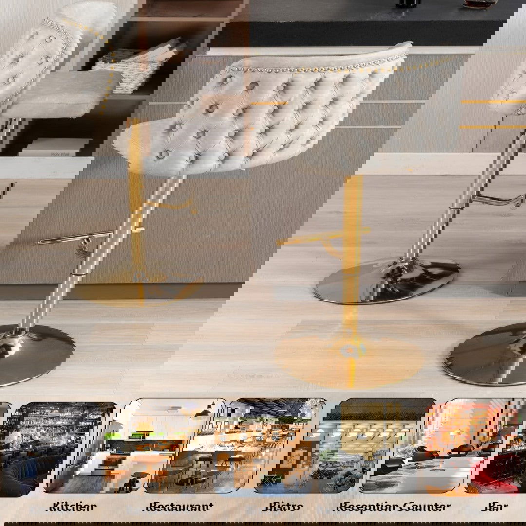 2x Faux Leather Golden Base Swivel Bar Stools- Beige - Cosy Abode