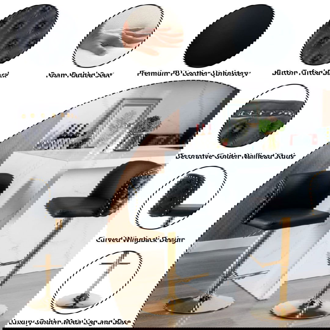 2x Faux Leather Golden Base Swivel Bar Stools- Black - Cosy Abode