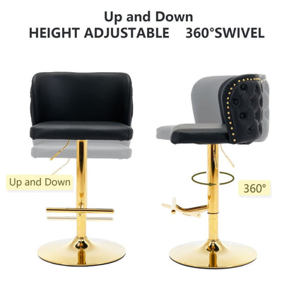 2x Faux Leather Golden Base Swivel Bar Stools- Black - Cosy Abode