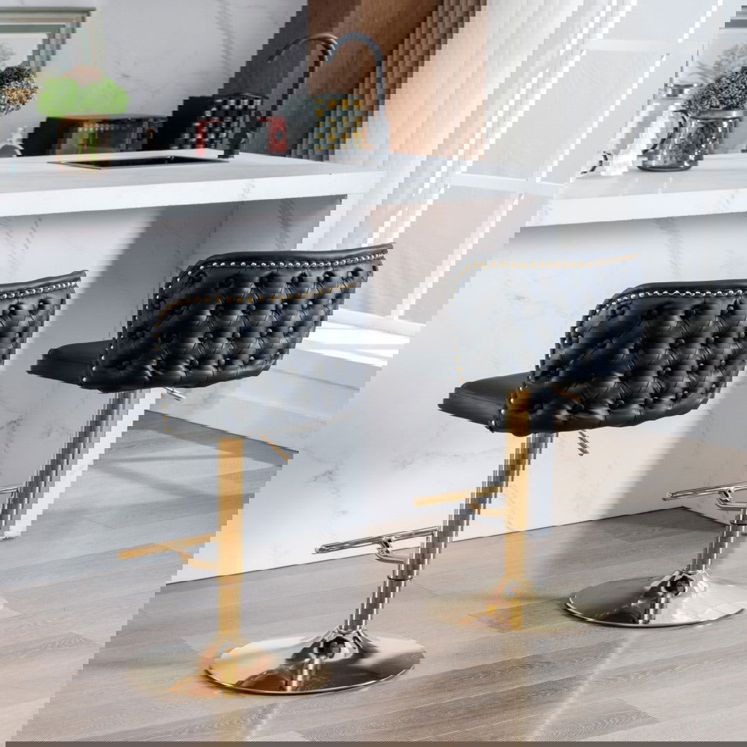 2x Faux Leather Golden Base Swivel Bar Stools- Black - Cosy Abode