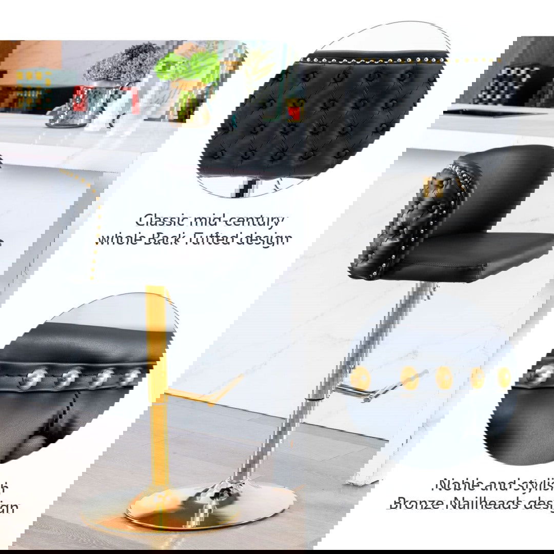 2x Faux Leather Golden Base Swivel Bar Stools- Black - Cosy Abode