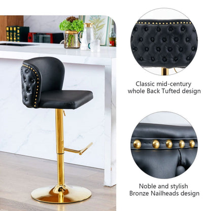 2x Faux Leather Golden Base Swivel Bar Stools- Black - Cosy Abode
