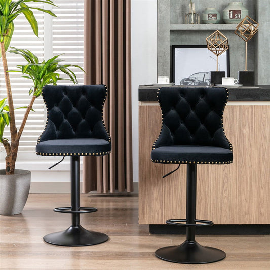 2x Height Adjustable Swivel Bar Stool Velvet Nailhead Barstool with Footrest - Cosy Abode