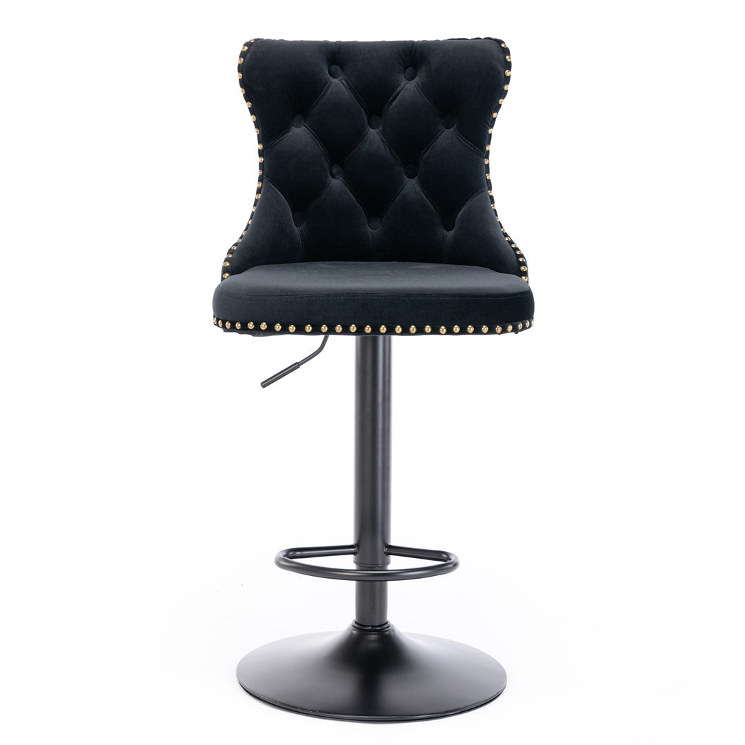 2x Height Adjustable Swivel Bar Stool Velvet Nailhead Barstool with Footrest - Cosy Abode