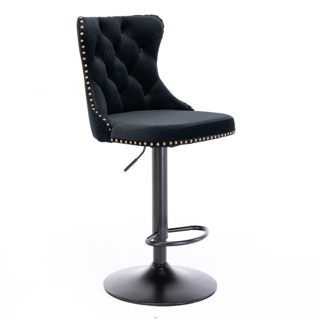 2x Height Adjustable Swivel Bar Stool Velvet Nailhead Barstool with Footrest - Cosy Abode