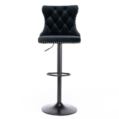 2x Height Adjustable Swivel Bar Stool Velvet Nailhead Barstool with Footrest - Cosy Abode