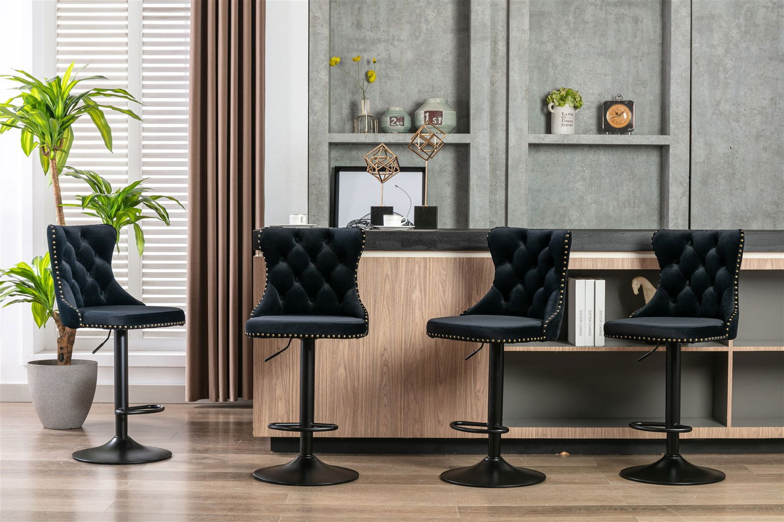 2x Height Adjustable Swivel Bar Stool Velvet Nailhead Barstool with Footrest - Cosy Abode