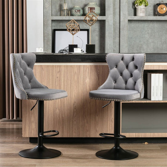 2x Height Adjustable Swivel Bar Stool Velvet Nailhead Barstool with Footrest - Cosy Abode