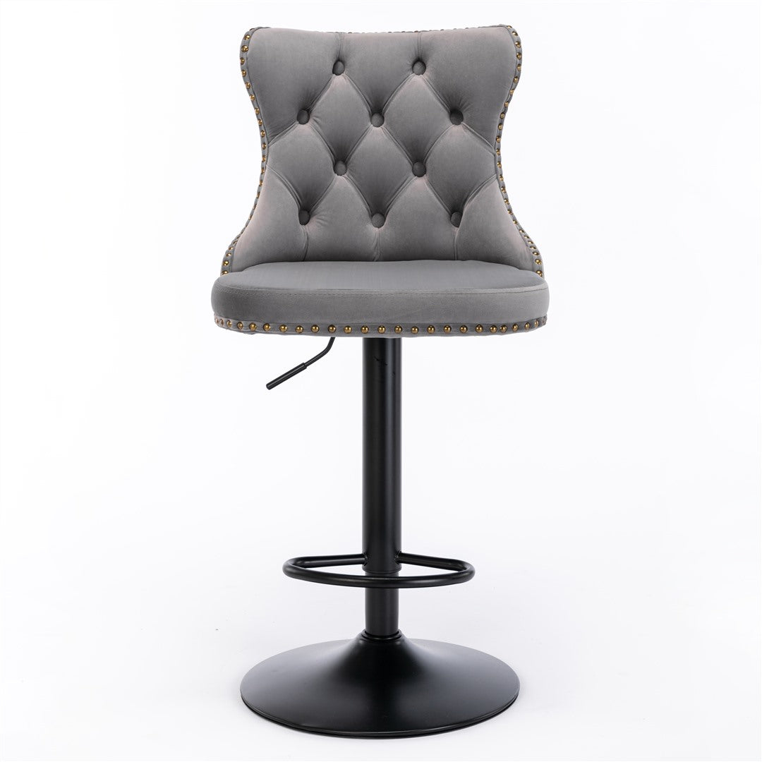 2x Height Adjustable Swivel Bar Stool Velvet Nailhead Barstool with Footrest - Cosy Abode