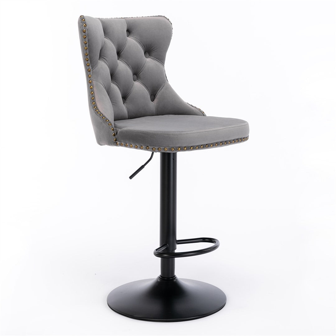 2x Height Adjustable Swivel Bar Stool Velvet Nailhead Barstool with Footrest - Cosy Abode