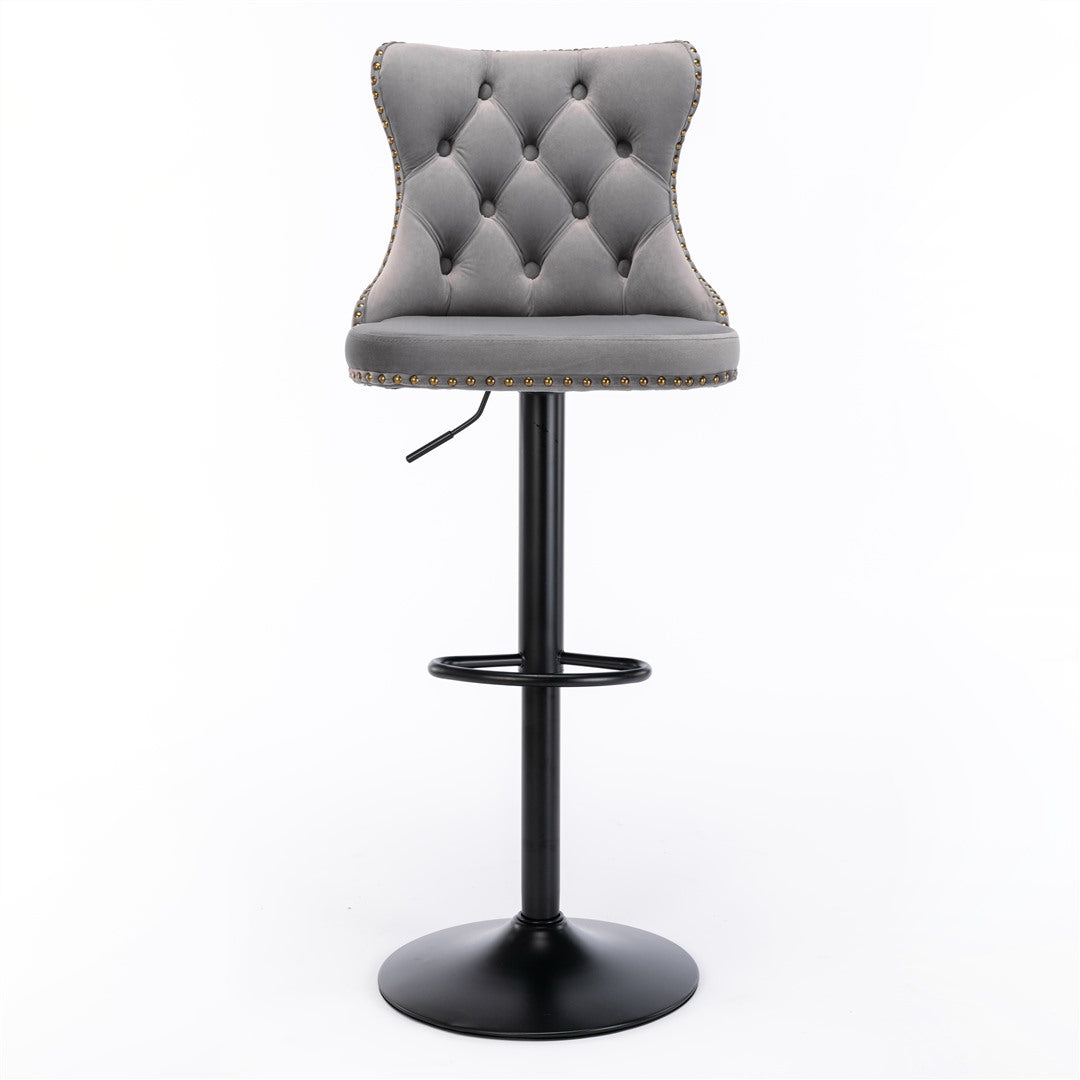 2x Height Adjustable Swivel Bar Stool Velvet Nailhead Barstool with Footrest - Cosy Abode