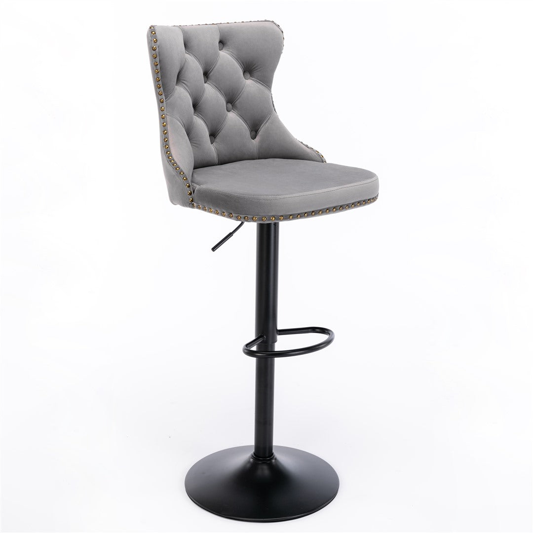 2x Height Adjustable Swivel Bar Stool Velvet Nailhead Barstool with Footrest - Cosy Abode
