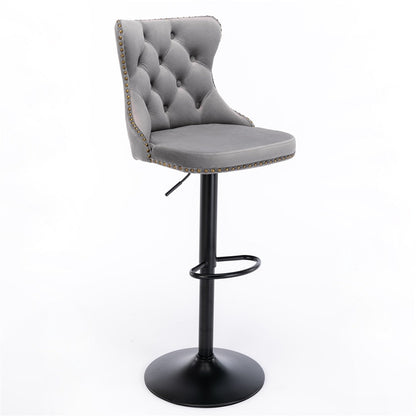 2x Height Adjustable Swivel Bar Stool Velvet Nailhead Barstool with Footrest - Cosy Abode