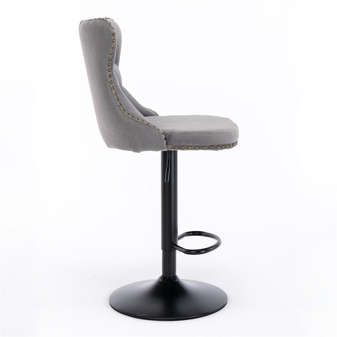 2x Height Adjustable Swivel Bar Stool Velvet Nailhead Barstool with Footrest - Cosy Abode