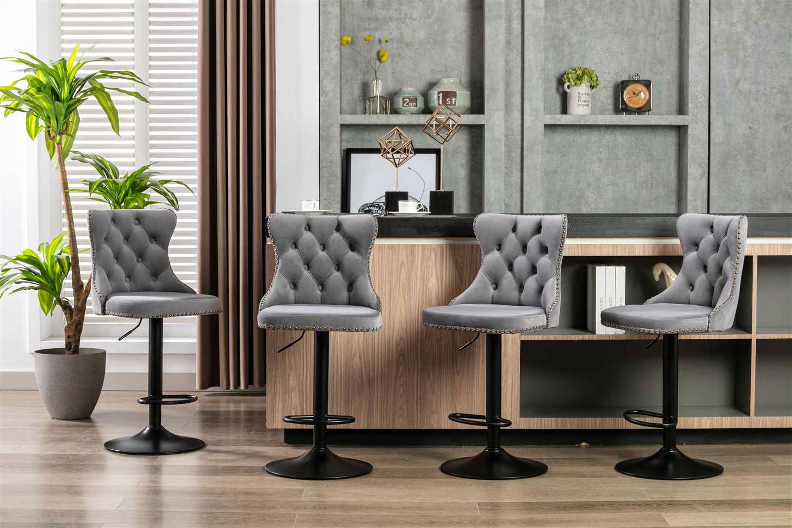 2x Height Adjustable Swivel Bar Stool Velvet Nailhead Barstool with Footrest - Cosy Abode