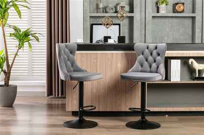 2x Height Adjustable Swivel Bar Stool Velvet Nailhead Barstool with Footrest - Cosy Abode