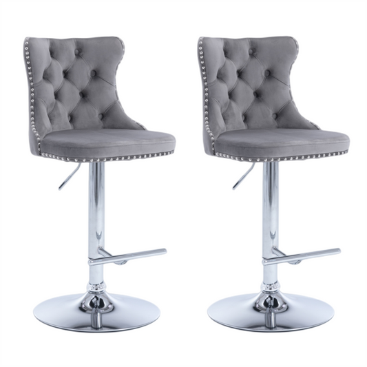 2x Height Adjustable Swivel Bar Stool Velvet Stud Barstool with Footrest and Chromed Base- Gray - Cosy Abode