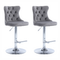 2x Height Adjustable Swivel Bar Stool Velvet Stud Barstool with Footrest and Chromed Base- Gray - Cosy Abode
