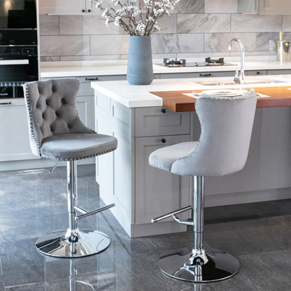 2x Height Adjustable Swivel Bar Stool Velvet Stud Barstool with Footrest and Chromed Base- Gray - Cosy Abode