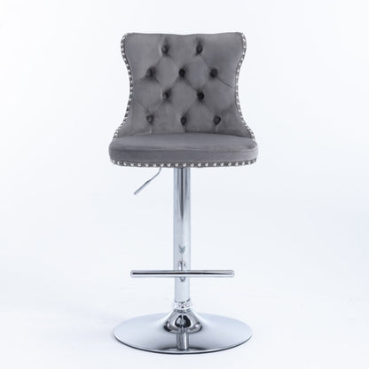 2x Height Adjustable Swivel Bar Stool Velvet Stud Barstool with Footrest and Chromed Base- Gray - Cosy Abode