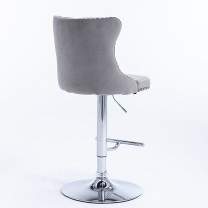 2x Height Adjustable Swivel Bar Stool Velvet Stud Barstool with Footrest and Chromed Base- Gray - Cosy Abode