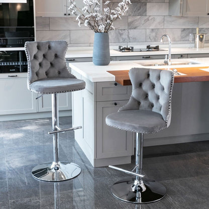 2x Height Adjustable Swivel Bar Stool Velvet Stud Barstool with Footrest and Chromed Base- Gray - Cosy Abode