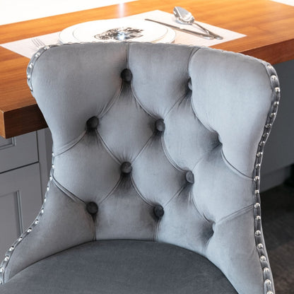 2x Height Adjustable Swivel Bar Stool Velvet Stud Barstool with Footrest and Chromed Base- Gray - Cosy Abode