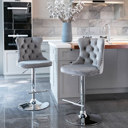 2x Height Adjustable Swivel Bar Stool Velvet Stud Barstool with Footrest and Chromed Base- Gray - Cosy Abode