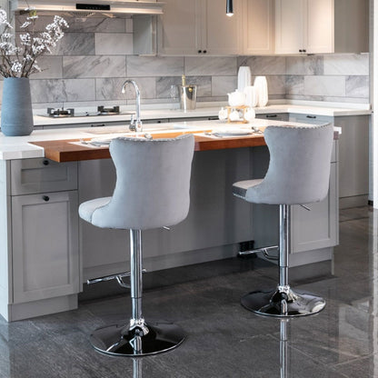 2x Height Adjustable Swivel Bar Stool Velvet Stud Barstool with Footrest and Chromed Base- Gray - Cosy Abode