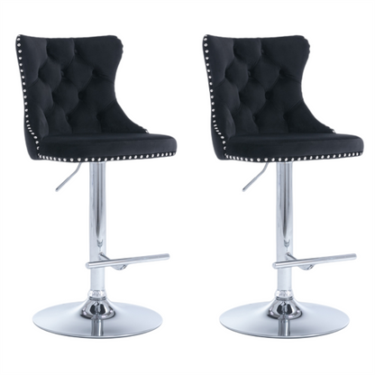 2x Height Adjustable Swivel Bar Stool Velvet Studs Barstool with Footrest and Chromed Base- Black - Cosy Abode