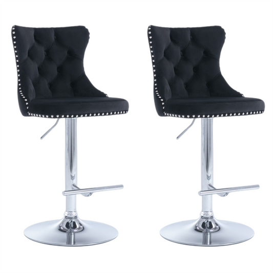 2x Height Adjustable Swivel Bar Stool Velvet Studs Barstool with Footrest and Chromed Base- Black - Cosy Abode