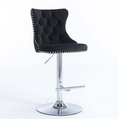 2x Height Adjustable Swivel Bar Stool Velvet Studs Barstool with Footrest and Chromed Base- Black - Cosy Abode