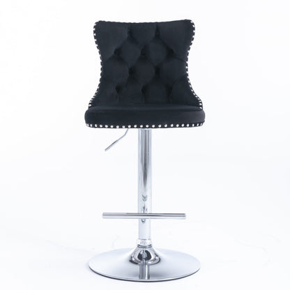 2x Height Adjustable Swivel Bar Stool Velvet Studs Barstool with Footrest and Chromed Base- Black - Cosy Abode