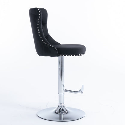 2x Height Adjustable Swivel Bar Stool Velvet Studs Barstool with Footrest and Chromed Base- Black - Cosy Abode