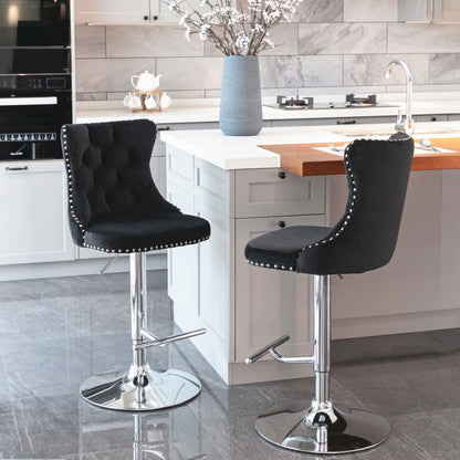 2x Height Adjustable Swivel Bar Stool Velvet Studs Barstool with Footrest and Chromed Base- Black - Cosy Abode