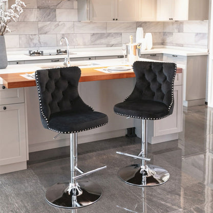 2x Height Adjustable Swivel Bar Stool Velvet Studs Barstool with Footrest and Chromed Base- Black - Cosy Abode