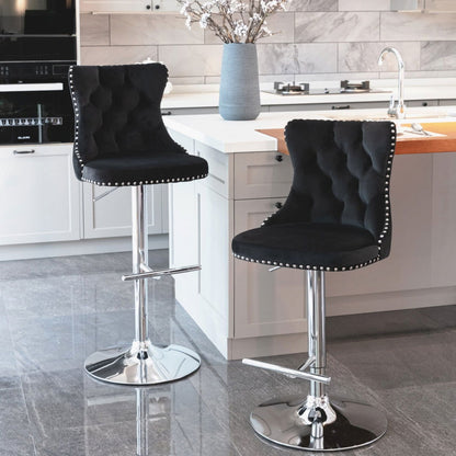 2x Height Adjustable Swivel Bar Stool Velvet Studs Barstool with Footrest and Chromed Base- Black - Cosy Abode