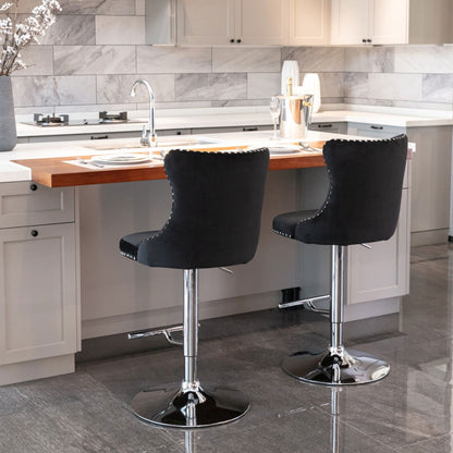 2x Height Adjustable Swivel Bar Stool Velvet Studs Barstool with Footrest and Chromed Base- Black - Cosy Abode