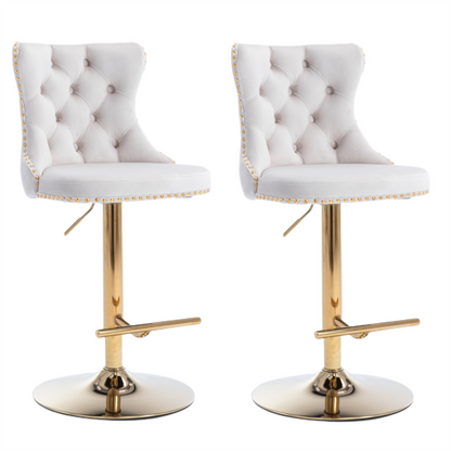 2x Height Adjustable Swivel Bar Stool Velvet Studs Barstool with Footrest and Golden Base- Beige - Cosy Abode