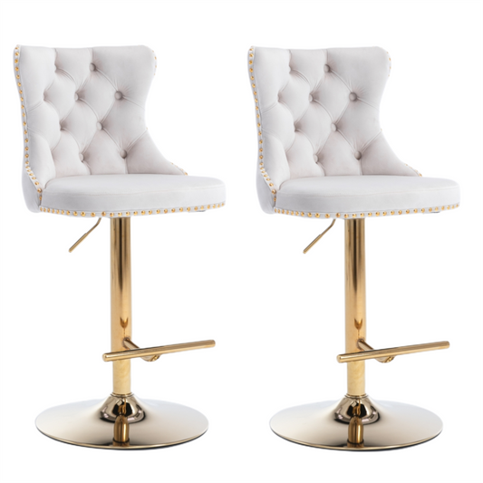 2x Height Adjustable Swivel Bar Stool Velvet Studs Barstool with Footrest and Golden Base- Beige - Cosy Abode