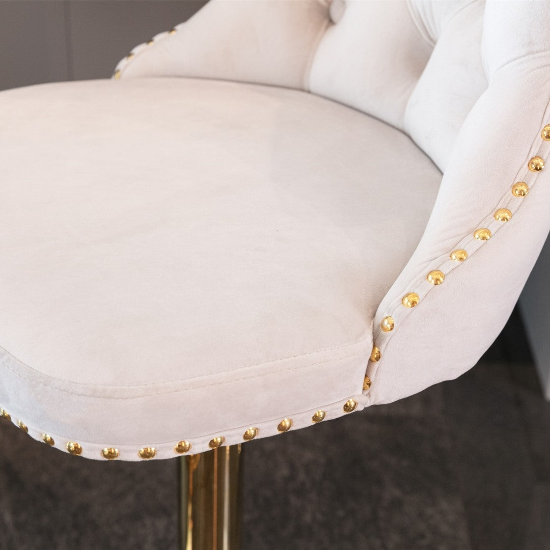 2x Height Adjustable Swivel Bar Stool Velvet Studs Barstool with Footrest and Golden Base- Beige - Cosy Abode