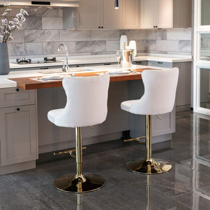 2x Height Adjustable Swivel Bar Stool Velvet Studs Barstool with Footrest and Golden Base- Beige - Cosy Abode