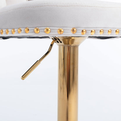 2x Height Adjustable Swivel Bar Stool Velvet Studs Barstool with Footrest and Golden Base- Beige - Cosy Abode