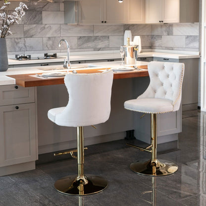 2x Height Adjustable Swivel Bar Stool Velvet Studs Barstool with Footrest and Golden Base- Beige - Cosy Abode